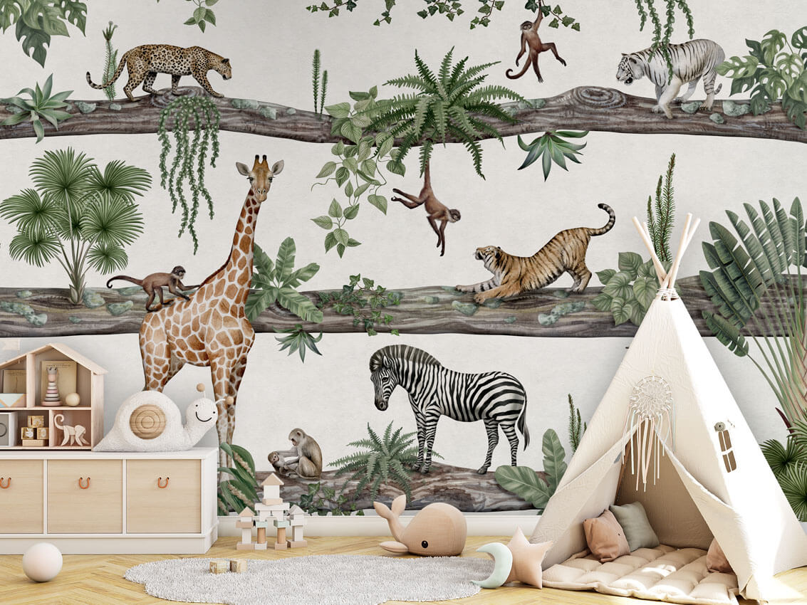 Amazing Animals mural premium në ambient modern për dhomë fëmijësh.