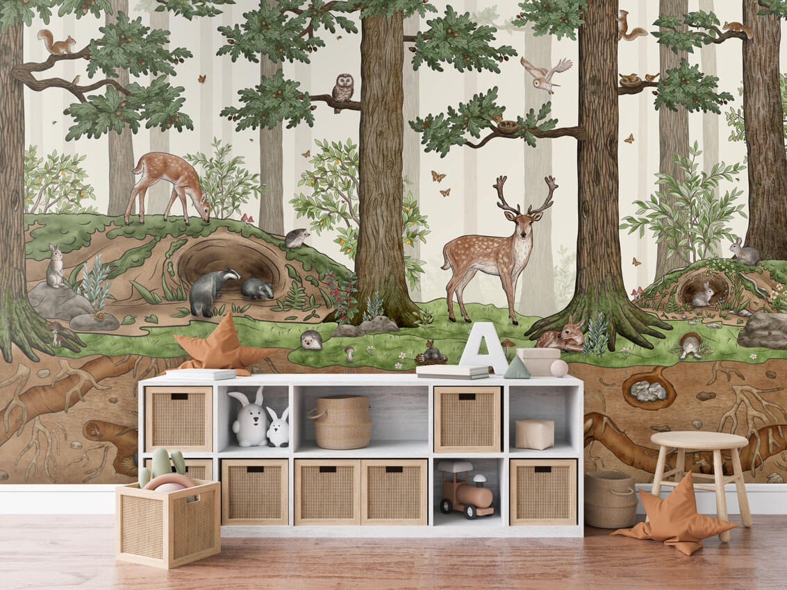 Animals in the Forest mural për dhomën e fëmijëve në ambient modern.