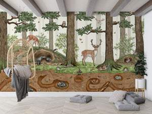 Animals in the Forest letër murale Kikki Belle me kafshë pylli dhe peizazh natyror.