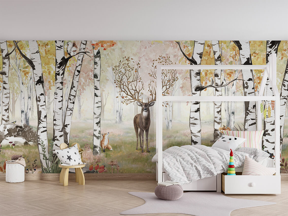 Amazing Antlers Autumn mural për dhomën e fëmijëve në ambient modern.