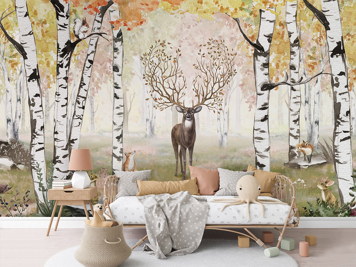 Amazing Antlers Autumn letër murale Kikki Belle me drerë dhe pyll vjeshte.