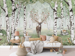 Amazing Antlers Green peizazh artistik me drerë dhe pemë.