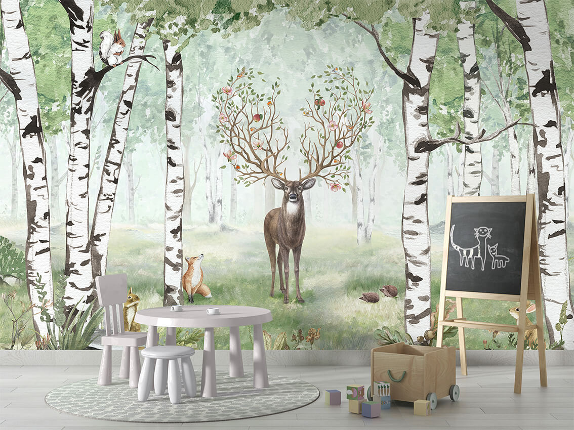 Amazing Antlers Green mural premium për dhomën e fëmijëve.