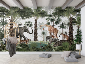 Animal Kingdom ilustrim artistik me kafshë të egra dhe palma.
