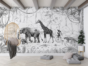 Animal Parade BW letër murale Kikki Belle me elefantë dhe gjirafa bardhë e zi.