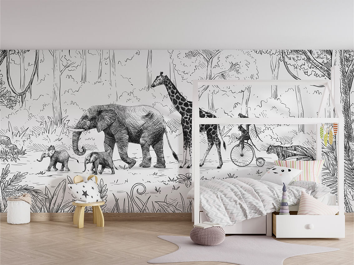 Animal Parade BW mural modern për dhomën e fëmijëve.