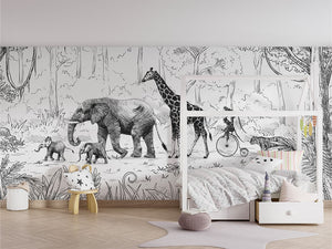 Animal Parade BW mural modern për dhomën e fëmijëve.