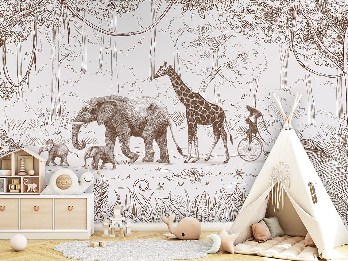 Animal Parade Beige letër murale Kikki Belle me elefantë dhe gjirafa.
