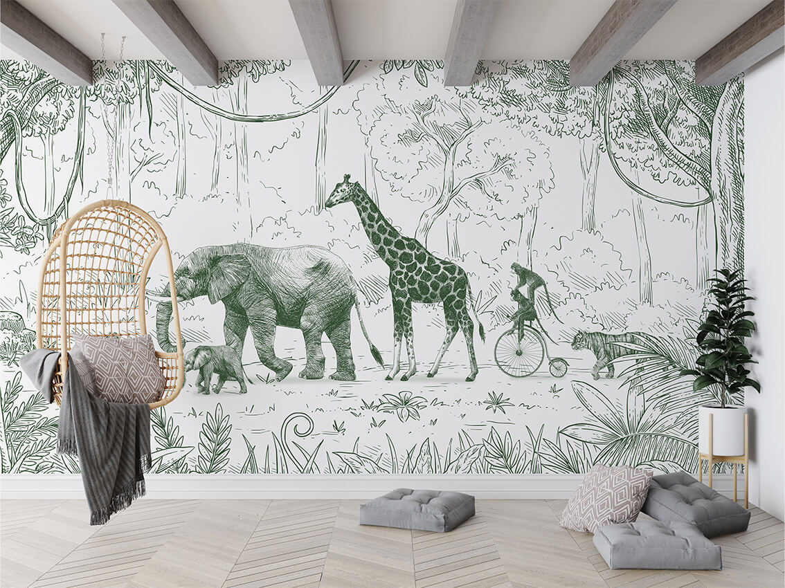 Animal Parade Green mural premium për dhomën e fëmijëve.