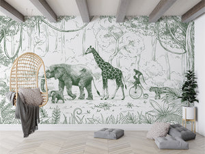 Animal Parade Green mural premium për dhomën e fëmijëve.