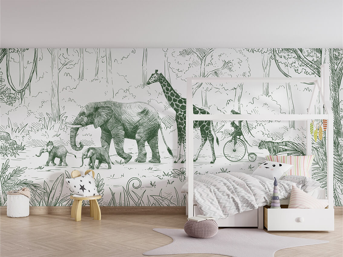 Animal Parade Green ilustrim artistik me elefantë dhe gjirafa.