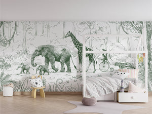 Animal Parade Green ilustrim artistik me elefantë dhe gjirafa.