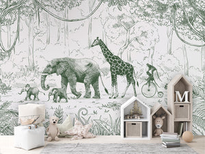 Animal Parade Green letër murale Kikki Belle me kafshë safari.