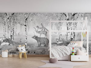 Bear King Black and White letër murale Kikki Belle me ari.