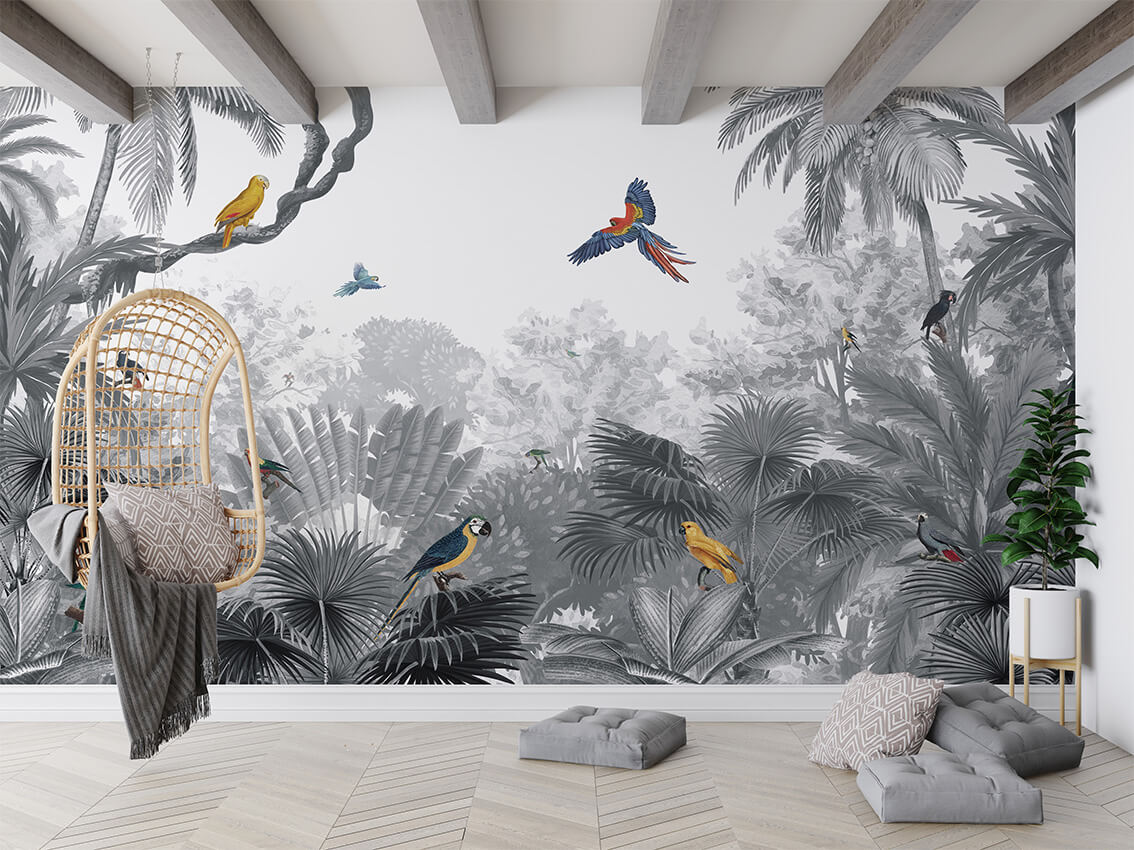 Canopy Jungle Grey letër murale me palma dhe zogj tropikalë.