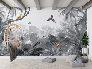 Canopy Jungle Grey letër murale me palma dhe zogj tropikalë.