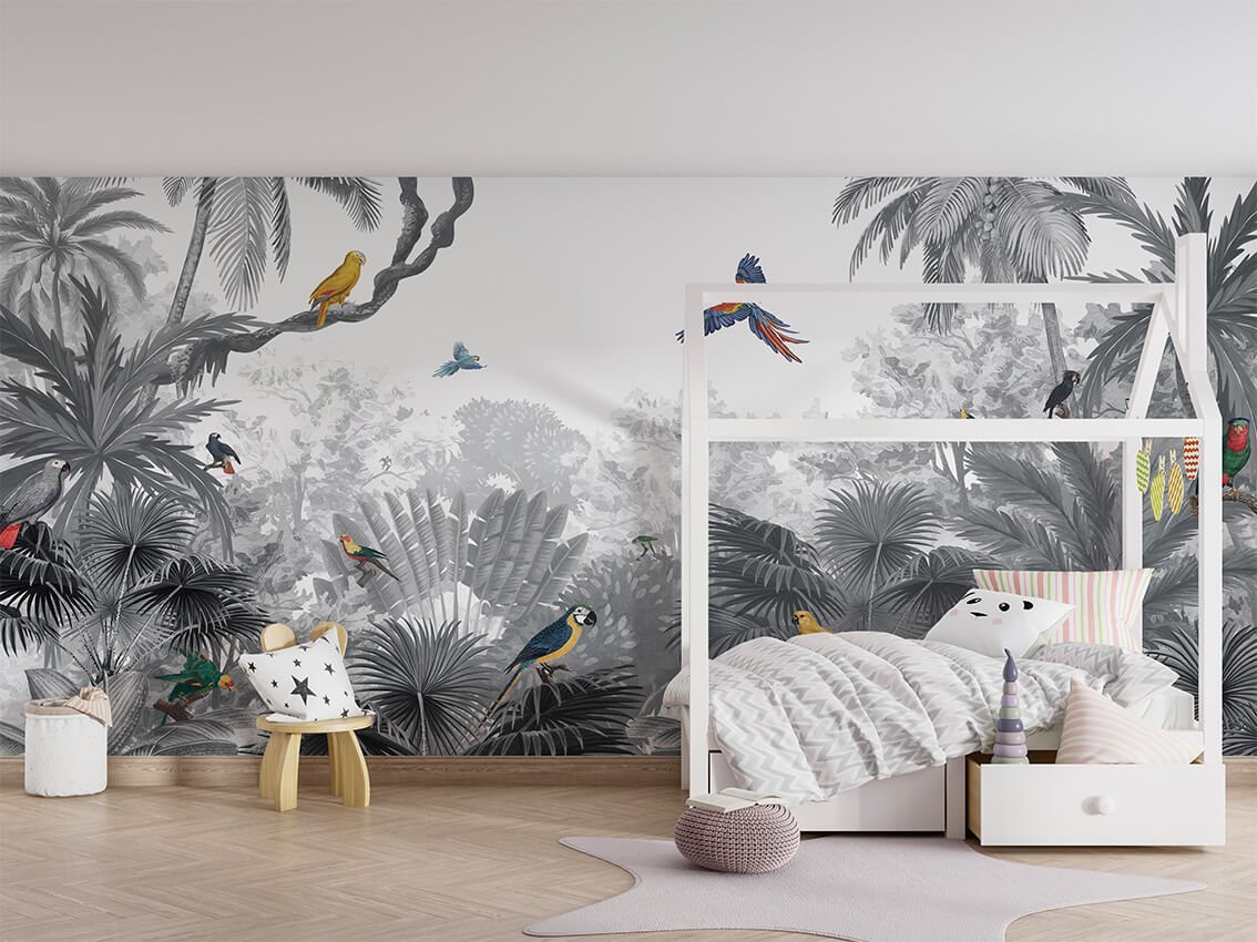 Canopy Jungle Grey mural premium për dhomën e fëmijëve.