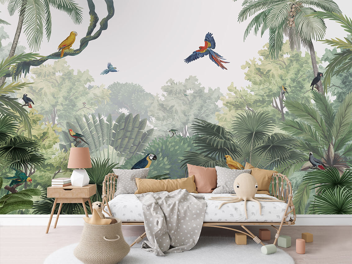 Canopy Jungle Natural ilustrim me zogj ekzotikë dhe palma.