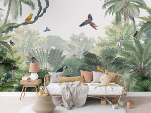 Canopy Jungle Natural ilustrim me zogj ekzotikë dhe palma.