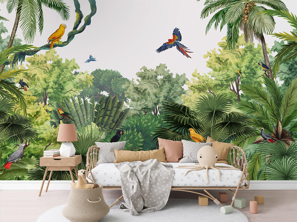 Canopy Jungle letër murale me palma dhe zogj tropikalë.