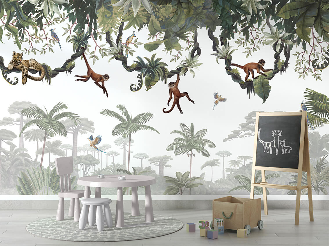 Cheeky Monkeys mural premium për dhomën e fëmijëve.