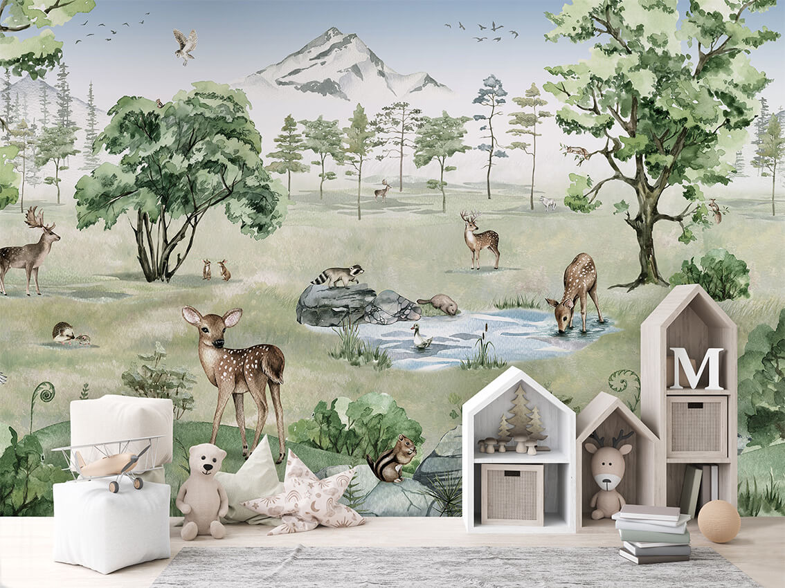 Deer Forest Green letër murale me drerë dhe peizazh pyjor.