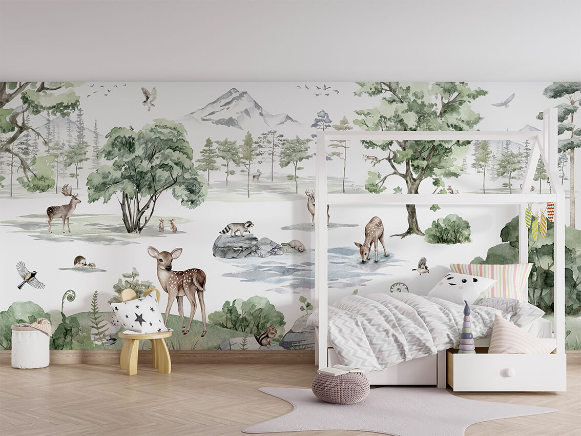 Deer Forest Winter letër murale me drerë në peizazh dimëror.