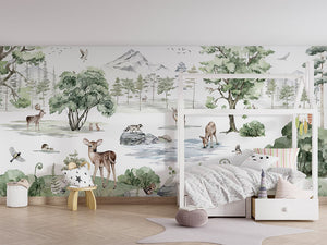 Deer Forest Winter letër murale me drerë në peizazh dimëror.