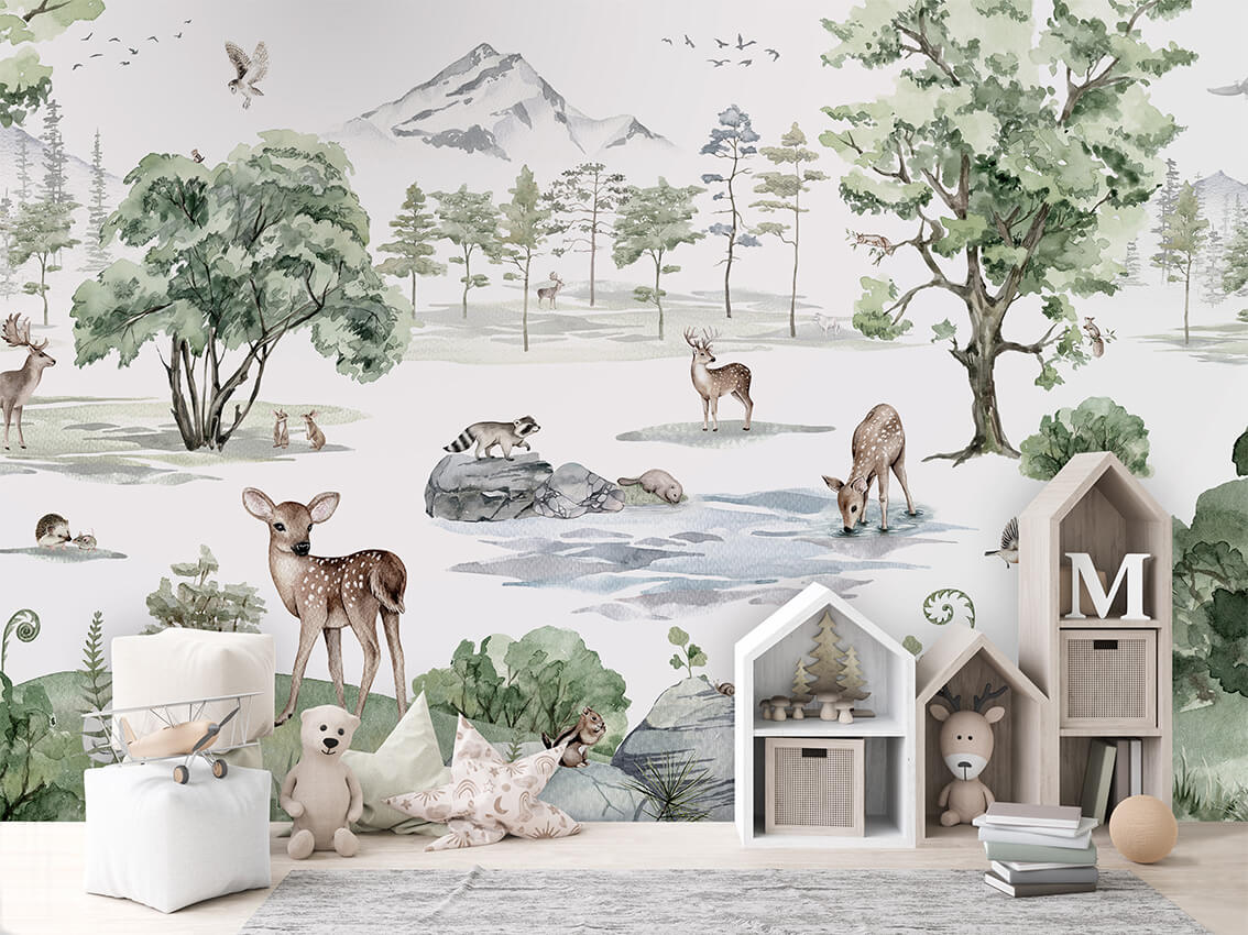 Deer Forest Winter mural premium për dhomë fëmijësh.