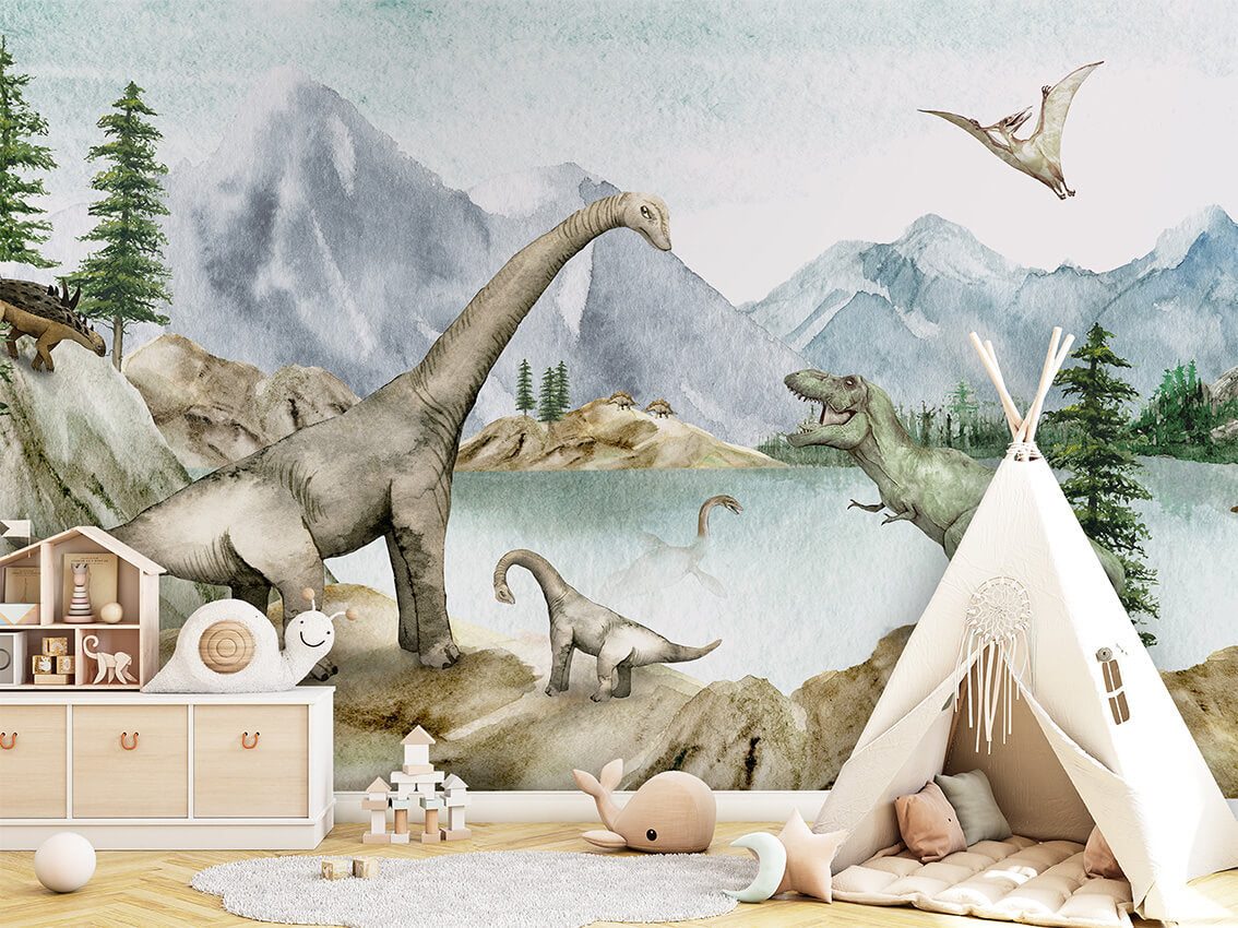 Dino Dreams letër murale me dinosaurë.
