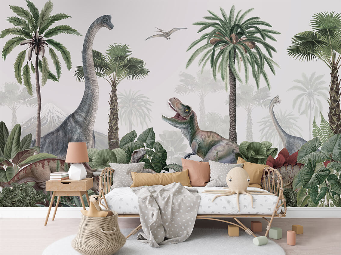 Dino Jive letër murale me dinosaurë dhe palma tropikale.