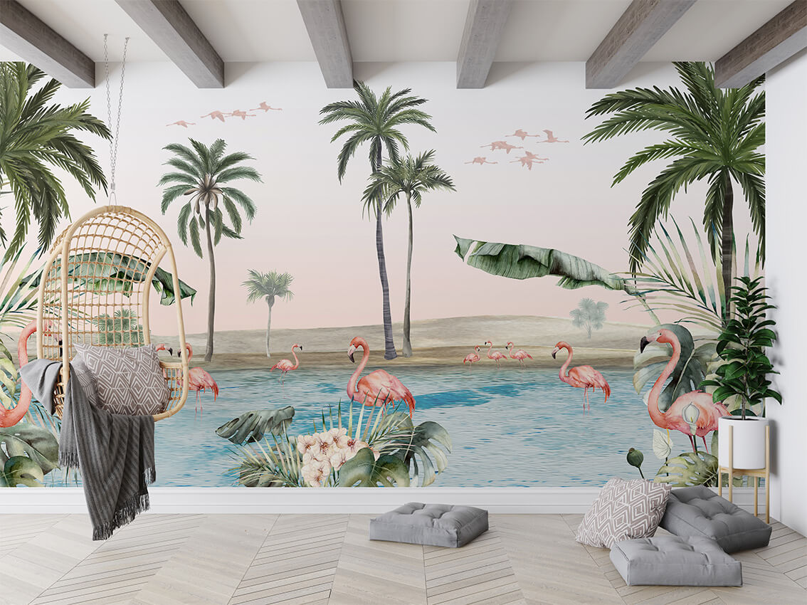 Flamingo Oasis letër murale me flamingo dhe palma.
