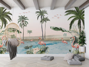 Flamingo Oasis letër murale me flamingo dhe palma.