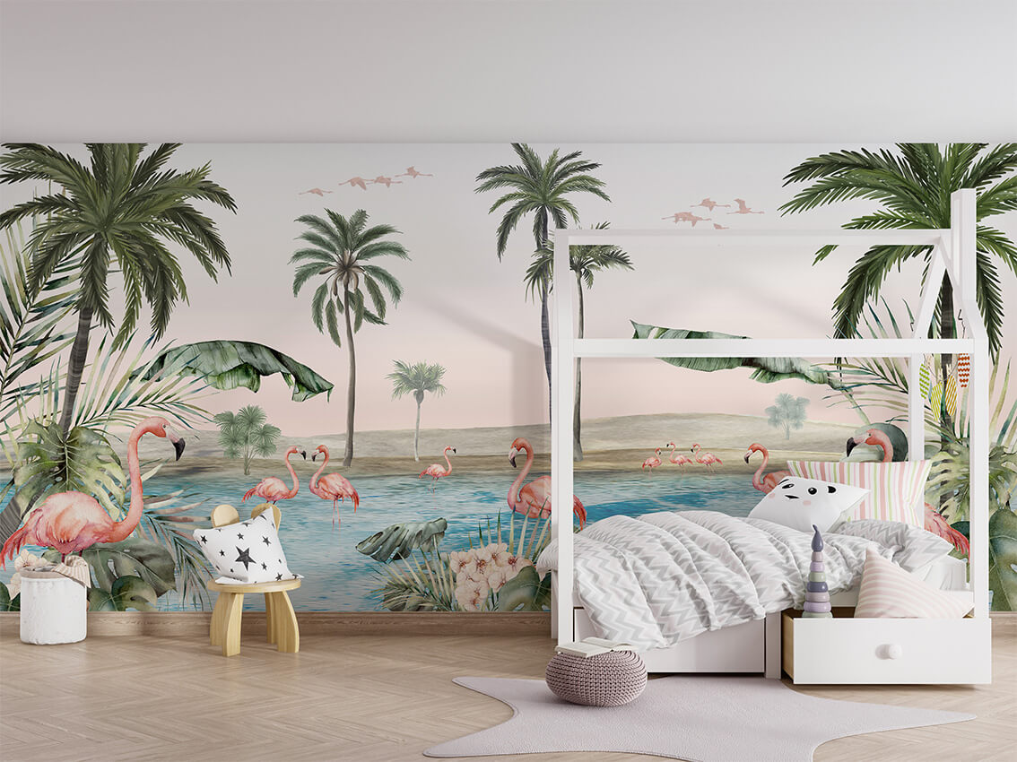 Flamingo Oasis ilustrim tropikal me flamingo.