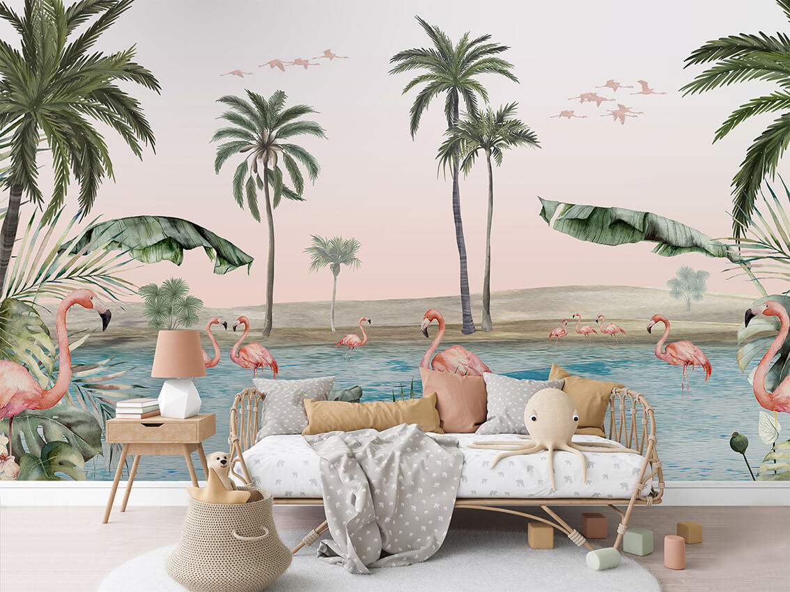 Flamingo Oasis mural premium për dhomën e fëmijëve.