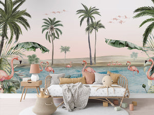 Flamingo Oasis mural premium për dhomën e fëmijëve.