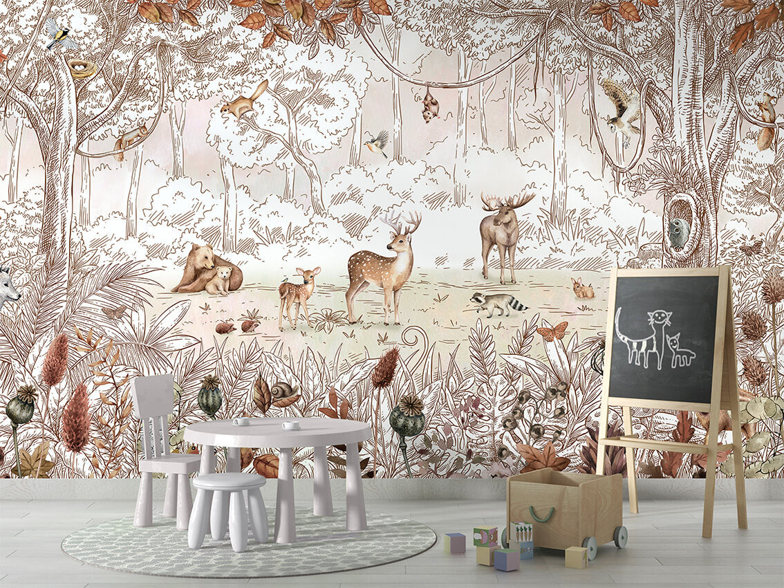 Forest Friends Autumn mural për dhomën e fëmijëve.