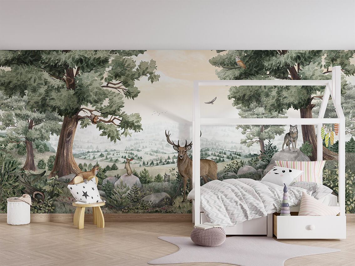 Forest Vista letër murale me dre dhe peizazh pyjor.