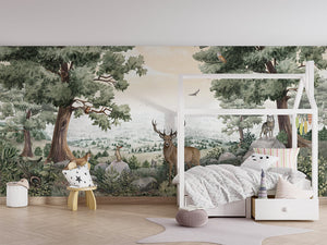 Forest Vista letër murale me dre dhe peizazh pyjor.