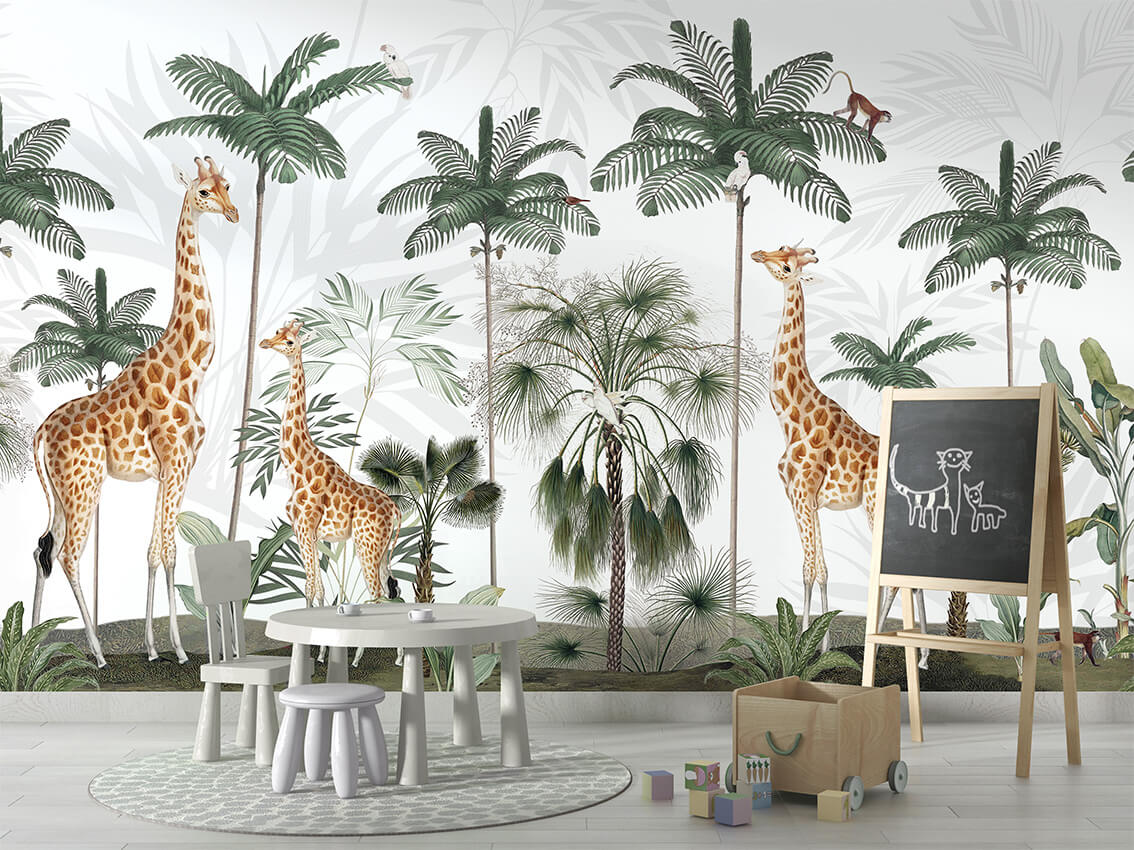 Gracious Giraffes letër murale me gjirafa dhe palma.