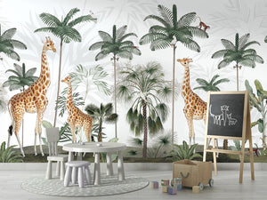 Gracious Giraffes letër murale me gjirafa dhe palma.