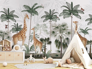 Gracious Giraffes mural safari për dhomën e fëmijëve.
