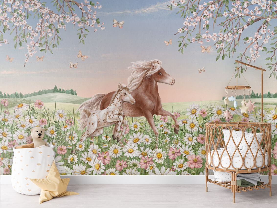 Happy Horses mural premium për dhomën e fëmijëve.