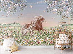 Happy Horses mural premium për dhomën e fëmijëve.