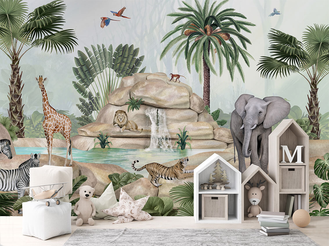 Jolly Jungle letër murale me kafshë safari dhe palma.