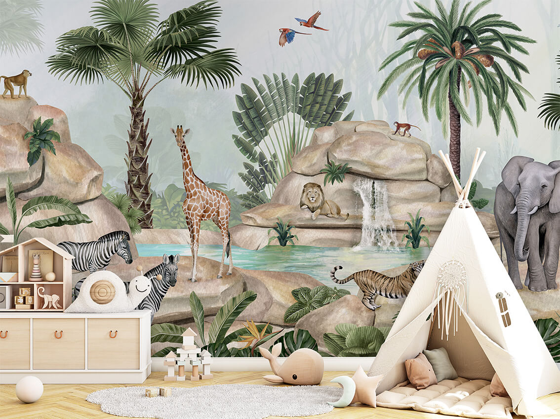 Jolly Jungle ilustrim artistik me elefantë dhe gjirafa.