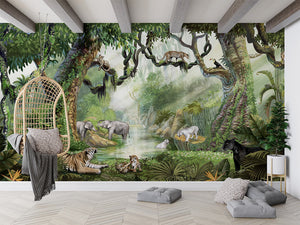 Jungle Cats letër murale me mace të egra në xhungël.