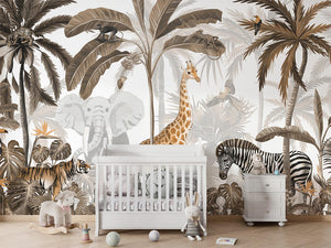 Jungle Jive Sepia letër murale me gjirafa dhe zebra.