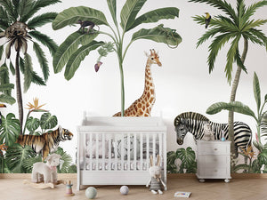 Jungle Jive White letër murale me gjirafa dhe palma.