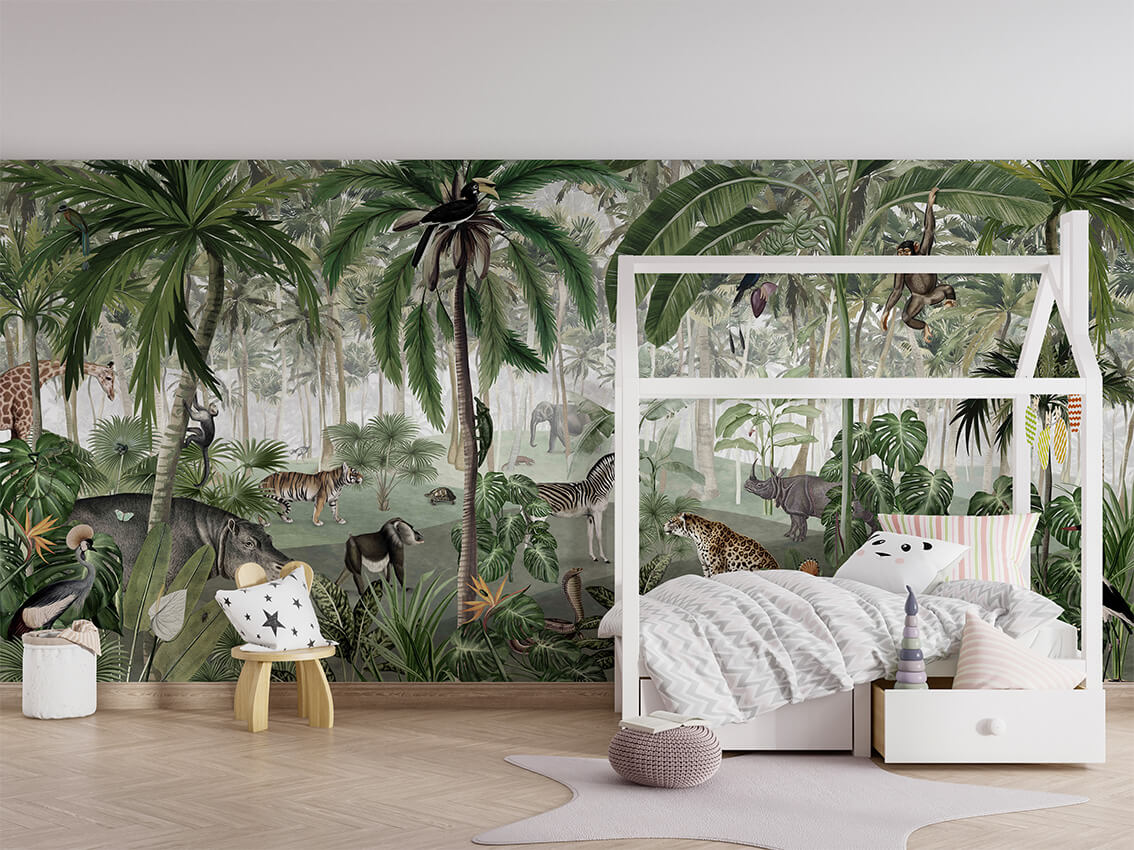 Jungle Lookbook letër murale me palma dhe kafshë tropikale.